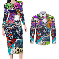 Comic Skull Couples Matching Long Sleeve Bodycon Dress and Long Sleeve Button Shirts Pop Art Cartoon Skull Funny - Wonder Print Shop