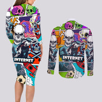 Comic Skull Couples Matching Long Sleeve Bodycon Dress and Long Sleeve Button Shirts Pop Art Cartoon Skull Funny - Wonder Print Shop