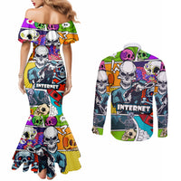 comic-skull-couples-matching-mermaid-dress-and-long-sleeve-button-shirts-pop-art-cartoon-skull-funny