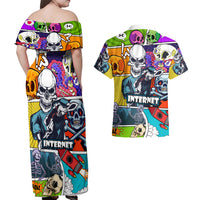 Comic Skull Couples Matching Off Shoulder Maxi Dress and Hawaiian Shirt Pop Art Cartoon Skull Funny - Wonder Print Shop
