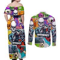 Comic Skull Couples Matching Off Shoulder Maxi Dress and Long Sleeve Button Shirts Pop Art Cartoon Skull Funny - Wonder Print Shop