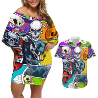 Comic Skull Couples Matching Off Shoulder Short Dress and Hawaiian Shirt Pop Art Cartoon Skull Funny - Wonder Print Shop