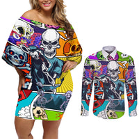 Comic Skull Couples Matching Off Shoulder Short Dress and Long Sleeve Button Shirts Pop Art Cartoon Skull Funny - Wonder Print Shop