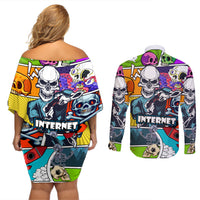 Comic Skull Couples Matching Off Shoulder Short Dress and Long Sleeve Button Shirts Pop Art Cartoon Skull Funny - Wonder Print Shop