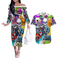 Comic Skull Couples Matching Off The Shoulder Long Sleeve Dress and Hawaiian Shirt Pop Art Cartoon Skull Funny - Wonder Print Shop
