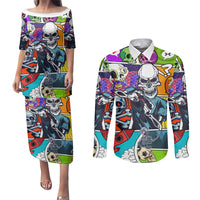 Comic Skull Couples Matching Puletasi Dress and Long Sleeve Button Shirts Pop Art Cartoon Skull Funny - Wonder Print Shop