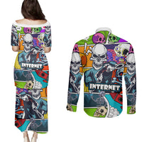 Comic Skull Couples Matching Puletasi Dress and Long Sleeve Button Shirts Pop Art Cartoon Skull Funny - Wonder Print Shop