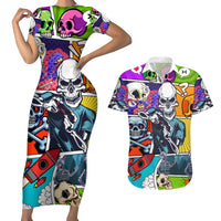 Comic Skull Couples Matching Short Sleeve Bodycon Dress and Hawaiian Shirt Pop Art Cartoon Skull Funny - Wonder Print Shop