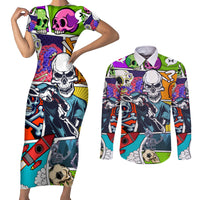 Comic Skull Couples Matching Short Sleeve Bodycon Dress and Long Sleeve Button Shirts Pop Art Cartoon Skull Funny - Wonder Print Shop