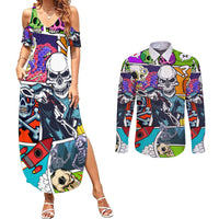 Comic Skull Couples Matching Summer Maxi Dress and Long Sleeve Button Shirts Pop Art Cartoon Skull Funny - Wonder Print Shop