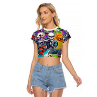 Comic Skull Raglan Cropped T Shirt Pop Art Cartoon Skull Funny - Wonder Print Shop