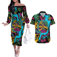 Pineapple Skull Couples Matching Off The Shoulder Long Sleeve Dress and Hawaiian Shirt Sumer Time - Wonder Print Shop