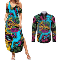 Pineapple Skull Couples Matching Summer Maxi Dress and Long Sleeve Button Shirts Sumer Time - Wonder Print Shop