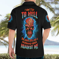 Black Hawaiian shirt back view with blue lightning skull and slogan text
