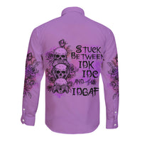 Stuck Between Idk Idc And Idgaf Long Sleeve Button Shirt - Wonder Print Shop