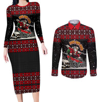 Skater Santa Claus Ho Ho Ho Christmas Couples Matching Long Sleeve Bodycon Dress and Long Sleeve Button Shirt Xmas Holiday Patterns - Wonder Print Shop