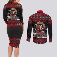 Skater Santa Claus Ho Ho Ho Christmas Couples Matching Long Sleeve Bodycon Dress and Long Sleeve Button Shirt Xmas Holiday Patterns - Wonder Print Shop
