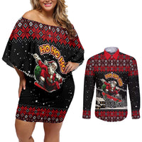 Skater Santa Claus Ho Ho Ho Christmas Couples Matching Off Shoulder Short Dress and Long Sleeve Button Shirt Xmas Holiday Patterns - Wonder Print Shop