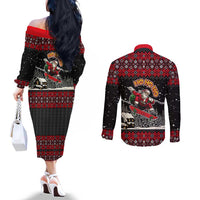 Skater Santa Claus Ho Ho Ho Christmas Couples Matching Off The Shoulder Long Sleeve Dress and Long Sleeve Button Shirt Xmas Holiday Patterns - Wonder Print Shop