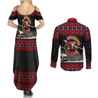Skater Santa Claus Ho Ho Ho Christmas Couples Matching Summer Maxi Dress and Long Sleeve Button Shirt Xmas Holiday Patterns - Wonder Print Shop