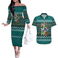 Horse Ho Ho Ho Christmas Design Couples Matching Off The Shoulder Long Sleeve Dress and Hawaiian Shirt Funny Xmas Holiday Patterns - Wonder Print Shop