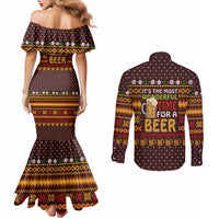 Christmas Its The Most Wonderful Time For A Beer Couples Matching Mermaid Dress and Long Sleeve Button Shirt Xmas Holiday Patterns - Wonder Print Shop