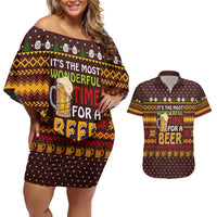 Christmas Its The Most Wonderful Time For A Beer Couples Matching Off Shoulder Short Dress and Hawaiian Shirt Xmas Holiday Patterns - Wonder Print Shop