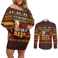 Christmas Its The Most Wonderful Time For A Beer Couples Matching Off Shoulder Short Dress and Long Sleeve Button Shirt Xmas Holiday Patterns - Wonder Print Shop
