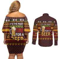 Christmas Its The Most Wonderful Time For A Beer Couples Matching Off Shoulder Short Dress and Long Sleeve Button Shirt Xmas Holiday Patterns - Wonder Print Shop