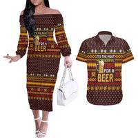 Christmas Its The Most Wonderful Time For A Beer Couples Matching Off The Shoulder Long Sleeve Dress and Hawaiian Shirt Xmas Holiday Patterns - Wonder Print Shop