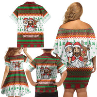 Christmas Jesus Birthday Boy Family Matching Off Shoulder Short Dress and Hawaiian Shirt Xmas Holiday Patterns - Wonder Print Shop