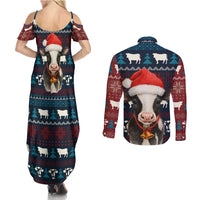 Lovely Cow Christmas Couples Matching Summer Maxi Dress and Long Sleeve Button Shirt Xmas Holiday Patterns - Wonder Print Shop