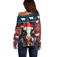 Lovely Cow Christmas Off Shoulder Sweater Xmas Holiday Patterns - Wonder Print Shop