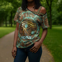 Horus Eye of Ra Cross Shoulder Shirt Golden Falcon Ancient Egyptian Symbol in Futuristic