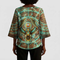 Horus Eye of Ra Kimono Sleeve Blouse Golden Falcon Ancient Egyptian Symbol in Futuristic