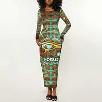 Horus Eye of Ra Long Sleeve Bodycon Dress Golden Falcon Ancient Egyptian Symbol in Futuristic