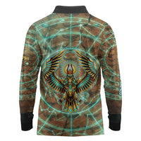 Horus Eye of Ra Long Sleeve Polo Shirt Golden Falcon Ancient Egyptian Symbol in Futuristic