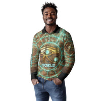 Horus Eye of Ra Long Sleeve Polo Shirt Golden Falcon Ancient Egyptian Symbol in Futuristic