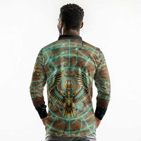 Horus Eye of Ra Long Sleeve Polo Shirt Golden Falcon Ancient Egyptian Symbol in Futuristic