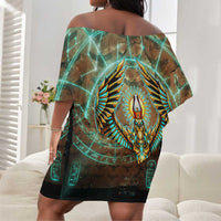 Horus Eye of Ra Off Shoulder Short Dress Golden Falcon Ancient Egyptian Symbol in Futuristic