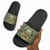 Horus Eye of Ra Slide Sandals Golden Falcon Ancient Egyptian Symbol in Futuristic