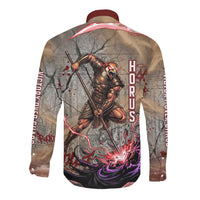 Horus Behdety Warrior Long Sleeve Button Shirt with Falcon Mask and Spear Ancient Egyptian Combat