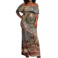 Horus Behdety Warrior Off Shoulder Maxi Dress with Falcon Mask and Spear Ancient Egyptian Combat