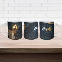 Heru-Ur Falcon Eyes Ceramic Mug Solar Disk Ancient Egyptian Mythology in Dark Stone