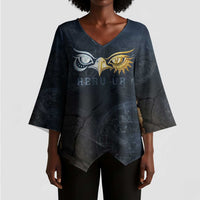 Heru-Ur Falcon Eyes Kimono Sleeve Blouse Solar Disk Ancient Egyptian Mythology in Dark Stone