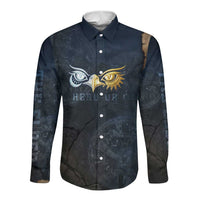 Heru-Ur Falcon Eyes Long Sleeve Button Shirt Solar Disk Ancient Egyptian Mythology in Dark Stone