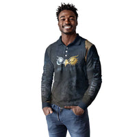 Heru-Ur Falcon Eyes Long Sleeve Polo Shirt Solar Disk Ancient Egyptian Mythology in Dark Stone