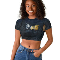 Heru-Ur Falcon Eyes Raglan Cropped T shirt Solar Disk Ancient Egyptian Mythology in Dark Stone