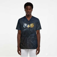 Heru-Ur Falcon Eyes Scrub Top Solar Disk Ancient Egyptian Mythology in Dark Stone