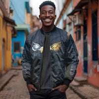 Heru-Ur Falcon Eyes Sleeve Zip Bomber Jacket Solar Disk Ancient Egyptian Mythology in Dark Stone